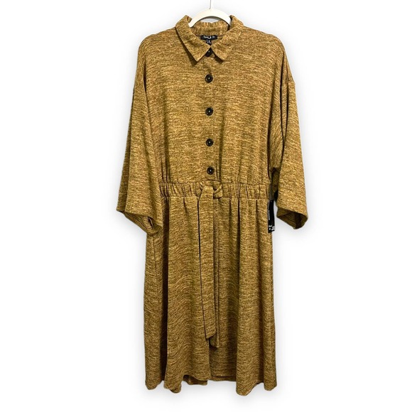 Sami & Jo Heathered Brown Tan Gold Drop Sleeve Elastic Waist Collar Dress Sz 2X - Picture 7 of 10